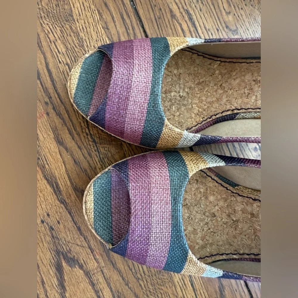 Splendid Layla Wedge Shoes striped Brown multi color cork wedge peep toe